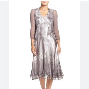 KOMAROV 2PC Beaded V-Neck Crinkled Charmeuse & Chiffon Dress & Jacket Se…